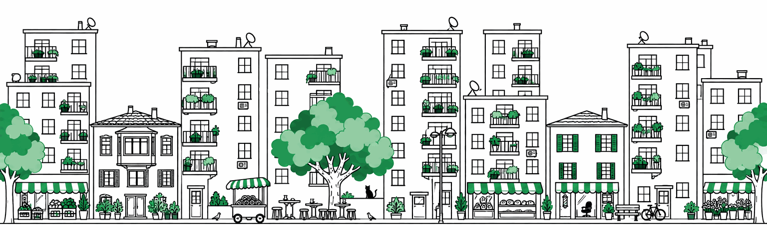 Çizgi illüstrasyon: apartmanlar ve balkonlar, cumbalı bir ev, manav, simitçi, çınar altında çay bahçesi, duvarda bir kedi, fırın, berber ve çiçekçi